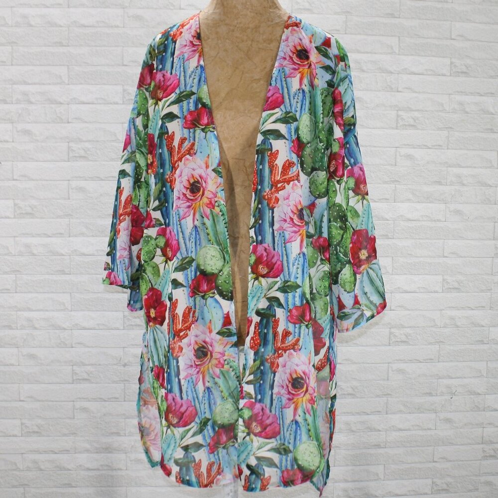 GRACE and EMMA Swimsuit Cover Jacket Sheer Cactus Floral Colorful Blue Sheer M L